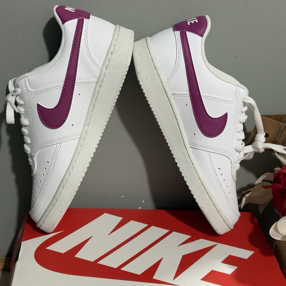 NEW Women Nike Court Vision Low Next Nature Shoes US 9.5 White W/Magenta Swoosh - Picture 15 of 16